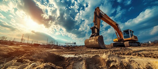 excavator blue sky heavy machine construction site. Creative Banner. Copyspace image - 700512347
