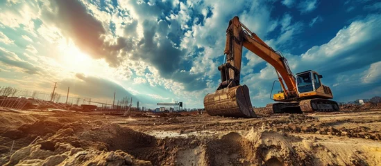 Poster excavator blue sky heavy machine construction site. Creative Banner. Copyspace image © HN Works