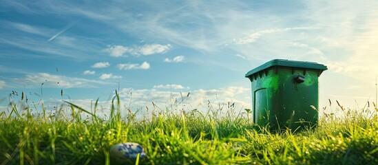 Colorful Industrial Waste Bin dumpster for municipal waste or industrial waste on green grass and blue sky background with ecology concept. Creative Banner. Copyspace image - obrazy, fototapety, plakaty