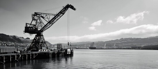 Fototapeta premium Container crane in Wellington harbor New Zealand Heavy lift cargo machinery Industrial equipment Black and white vintage style. Creative Banner. Copyspace image