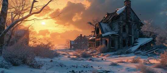 Apocalyptic landscape The remains of destroyed houses covered with snow at sunset. Creative Banner. Copyspace image - obrazy, fototapety, plakaty