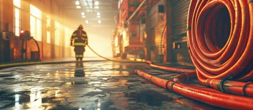 Firefighter in storage room with fire hoses. Creative Banner. Copyspace image