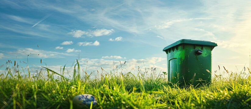 Colorful Industrial Waste Bin dumpster for municipal waste or industrial waste on green grass and blue sky background with ecology concept. Creative Banner. Copyspace image