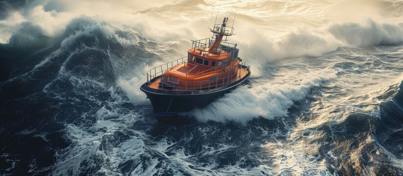 incredible view of a pilot boat in the storm. Creative Banner. Copyspace image
