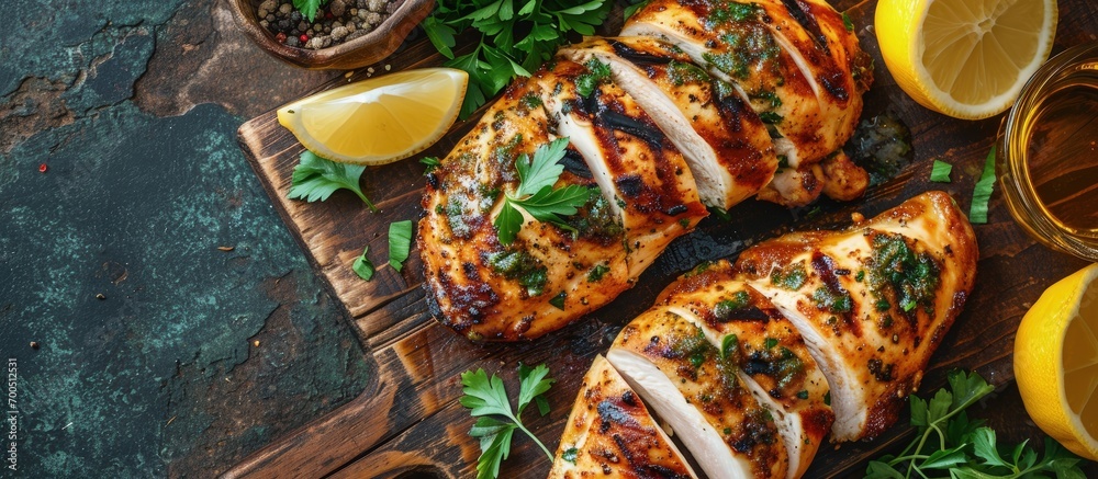 Poster grilled chicken breast with spice rub and lemon on a cutting board sliced and whole. creative banner