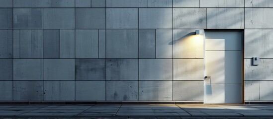 A grid wall texture and door on the exterior of a modern building with a flourescent light fixture visible through the holes in the facade. Creative Banner. Copyspace image - obrazy, fototapety, plakaty