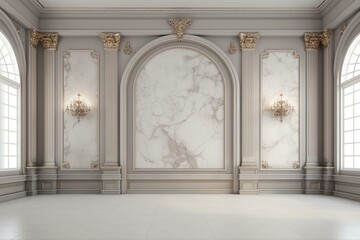 Elegant vacant room with decorative marble wall. 3D render. Generative AI