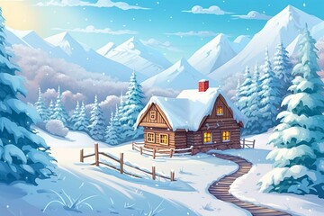Joyful winter scene with a cozy wooden house nestled in the mountainous forest, perfect for children's illustration. Generative AI