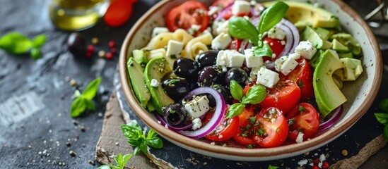 Greek Pasta Salad with tomato avocado black olives red onions and cheese feta banner menu recipe place for text top view. Creative Banner. Copyspace image - obrazy, fototapety, plakaty