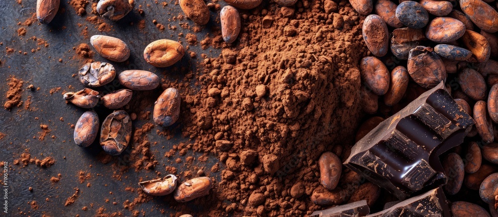 Aufkleber cocoa drink with cocoa powder and beans isolated on white background. creative banner. copyspace ima
