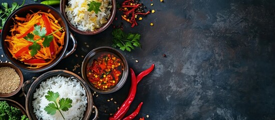 Obraz na płótnie Canvas cabbage cauliflower carrots petai chilli ready to eat with warm white rice delicious spicy chili paste. Creative Banner. Copyspace image