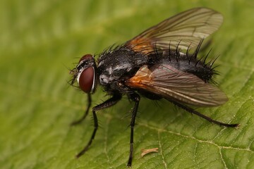 Closeup on a hairy European Tachinid fly , Zophomyia temula sitting on a green leaf