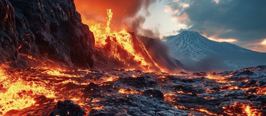 Climate change recolor set of forest fires volcanic eruption melting glaciers protesting peopl. Creative Banner. Copyspace image - obrazy, fototapety, plakaty