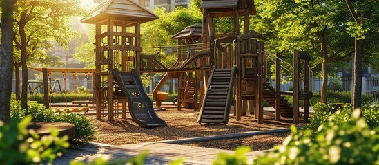 Kids playground with multifunctional elements made from wood located in city or town. Creative...
