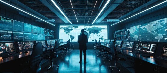 In the System Control Room Manager Holds a Briefing for His Staff Members They re Work in Data Center and are Surrounded by Multiple Screens Showing Maps Logistics Data. Creative Banner