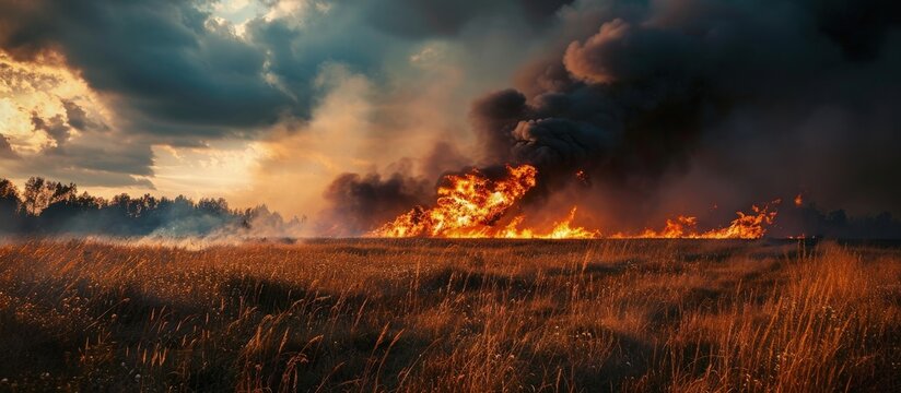 Building fire among fields and huge black smoke cloud. Creative Banner. Copyspace image