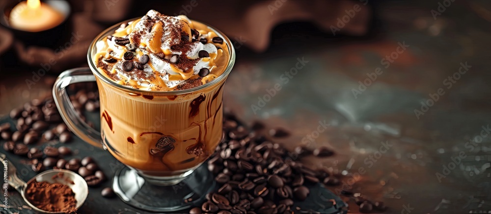 Poster caramel latte with float cocoa powder and chocolate chips topping perfect for recipe article catalog