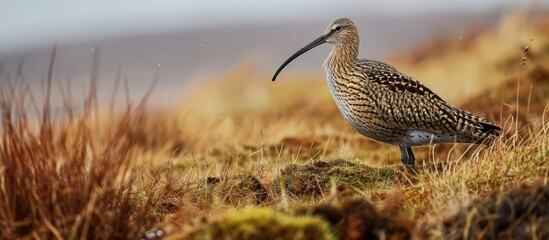 Curlew in Springtime stepping across a rocky outcrop on the North Yorkshire Moors UK Facing right Scientific name Numenius Arquata Red listed declining species Clean background Copy Space