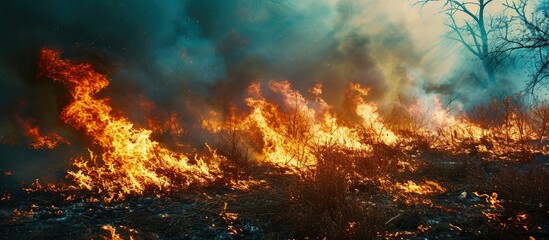 Controlled burning of vegetation in the spring. Creative Banner. Copyspace image - obrazy, fototapety, plakaty