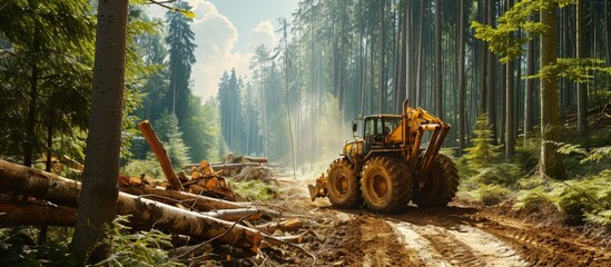 Crane forwarder machine during clearing of forested land Wheeled harvester transports raw timber from felling site out Harvesters Forest Logging machines Forestry forwarder on deforestation - obrazy, fototapety, plakaty