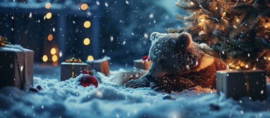 Bear wearing Santa hat with Christmas gift boxes on a white carpet at night. Creative Banner. Copyspace image
