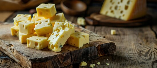 Industrial production of hard cheeses Cheese is very tasty and healthy product. Creative Banner. Copyspace image