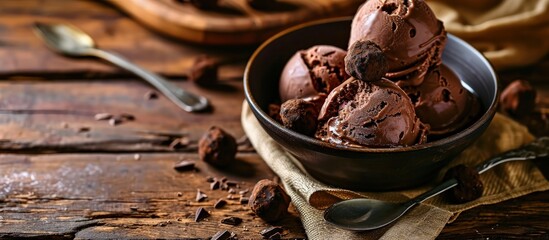 Homemade artisanal chocolate ice cream on a wooden table with spoon and chocolate truffles. Creative Banner. Copyspace image - obrazy, fototapety, plakaty