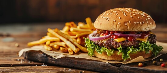 closeup of traditional cheeseburger or hamburger and french fries. Creative Banner. Copyspace image - obrazy, fototapety, plakaty