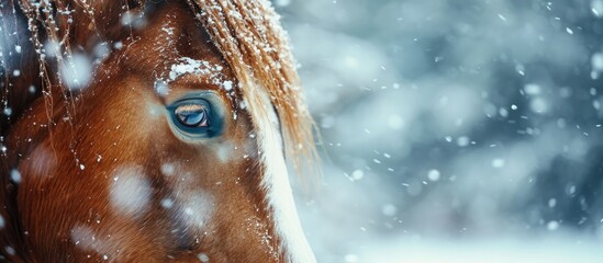 A horse in a paddock on a windy winter day Visible snowflakes wind and frost Close up of the horse s eyes and head Winter scenery at the horse farm. Creative Banner. Copyspace image - obrazy, fototapety, plakaty