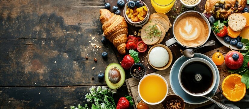 Breakfast with coffee orange juice croissant egg vegetables and fruits. Creative Banner. Copyspace image