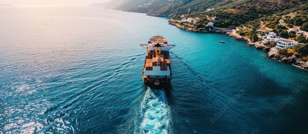 Canvas Prints aerial drone photo of industrial colourful vessel carrying heavy truck size containers cruising the 