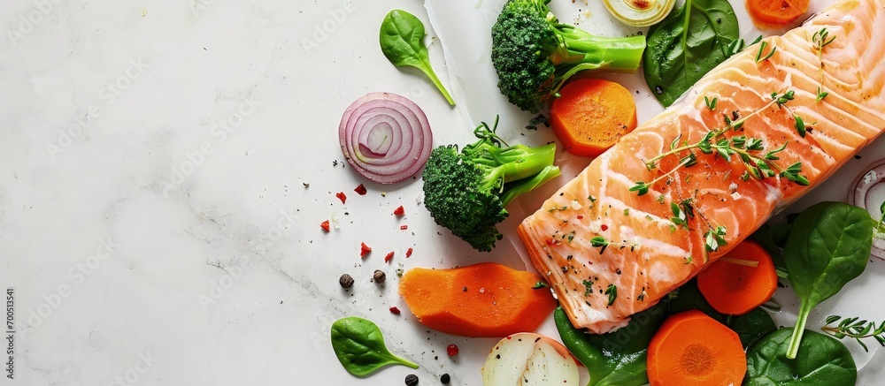 Poster fried salmon steaks with steamed carrot broccoli onion and spinach. creative banner. copyspace image