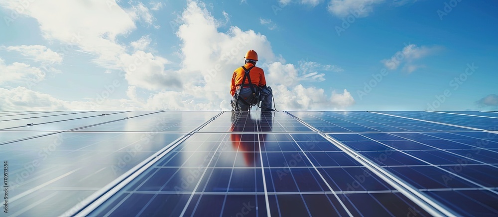 Poster Construction worker wearing safety harness and safety line working on solar cell on roof factory. Creative Banner. Copyspace image