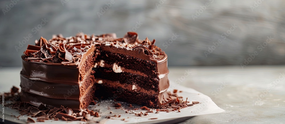 Poster Front view of a triple layered chocolate cake with a large slice removed. Creative Banner. Copyspace image