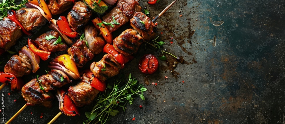 Aufkleber barbecue skewers meat kebabs with vegetables on flaming grill. creative banner. copyspace image