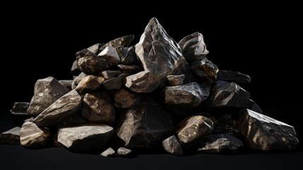 A pile of black stones on a black background. Rocks piled up