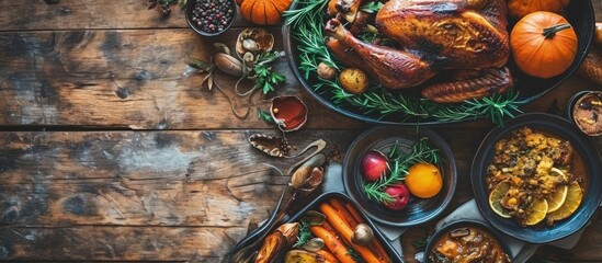 Beautiful festive table with variety of food and baked duck Thanksgiving Day Christmas Top view. Creative Banner. Copyspace image