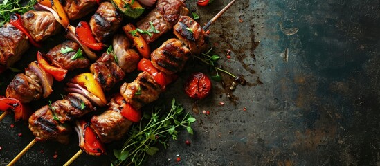Barbecue skewers meat kebabs with vegetables on flaming grill. Creative Banner. Copyspace image