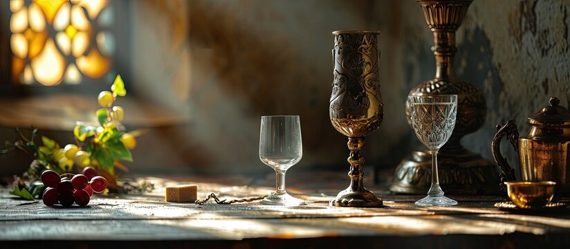 goblet with wine blood of christ and pyx with host body of christ ready on the altar of holy mass. Creative Banner. Copyspace image