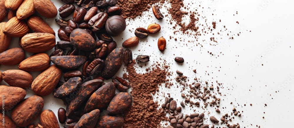 Aufkleber cocoa drink and cocoa powder in wooden spoon isolated on white background top view flat lay. creativ