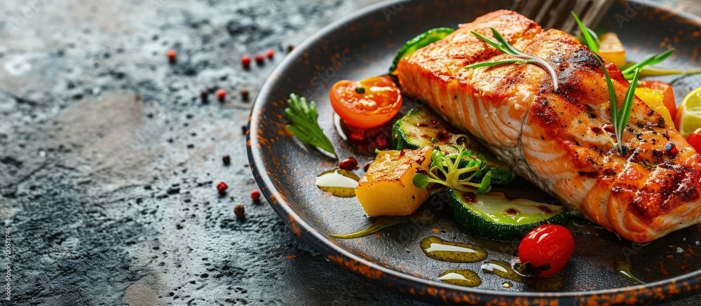 Poster grilled salmon fillet with vegetables mix. creative banner. copyspace image
