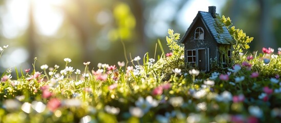 Beauty of spring with a miniature house perched on a meadow of fresh green grass and tiny flowers. Creative Banner. Copyspace image