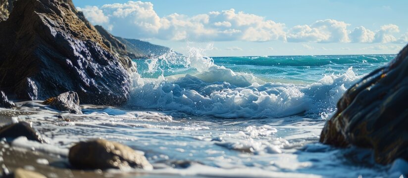 Gorgeous blue sky day with ocean waves crashing against sandy beach on rocky coastline. Creative Banner. Copyspace image