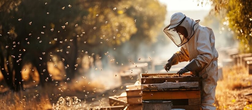 Beekeeping or apiculture care of the bees working hand on honey apiary also bee yard with beehives and working beekeepers in australian outback honey bee on the honeycomb or flying home