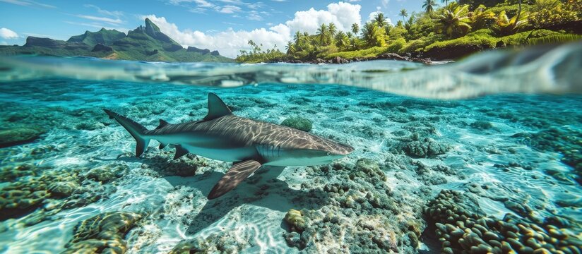 A Blacktip reef shark Carcarhinus melanopterus swims in shallow waters excited by food in the water near a French Polynesian island. Creative Banner. Copyspace image