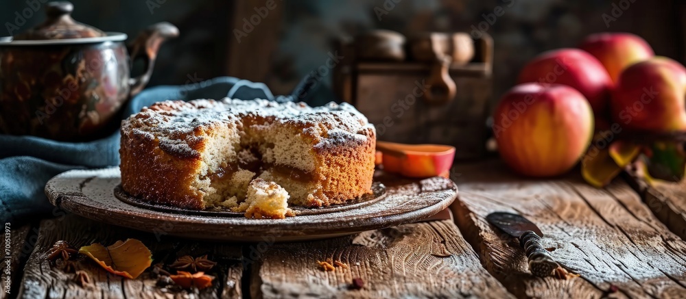 Poster clasic sponge cake with apples on wood table selective focus homemade cake. creative banner. copyspa