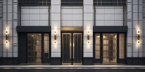 2D Futuristic Front Facade of shop with glass window and copyspace 