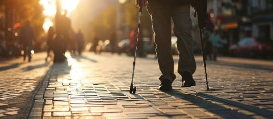 Close up of a blind man with a walking stick Walks on tactile tiles for self orientation while moving through the streets of the city. Creative Banner. Copyspace image - obrazy, fototapety, plakaty
