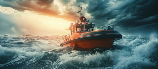 incredible view of a pilot boat in the storm. Creative Banner. Copyspace image - obrazy, fototapety, plakaty
