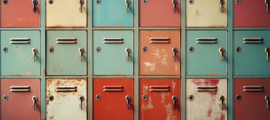 Retro rusty school lockers. Generative AI technology.	

